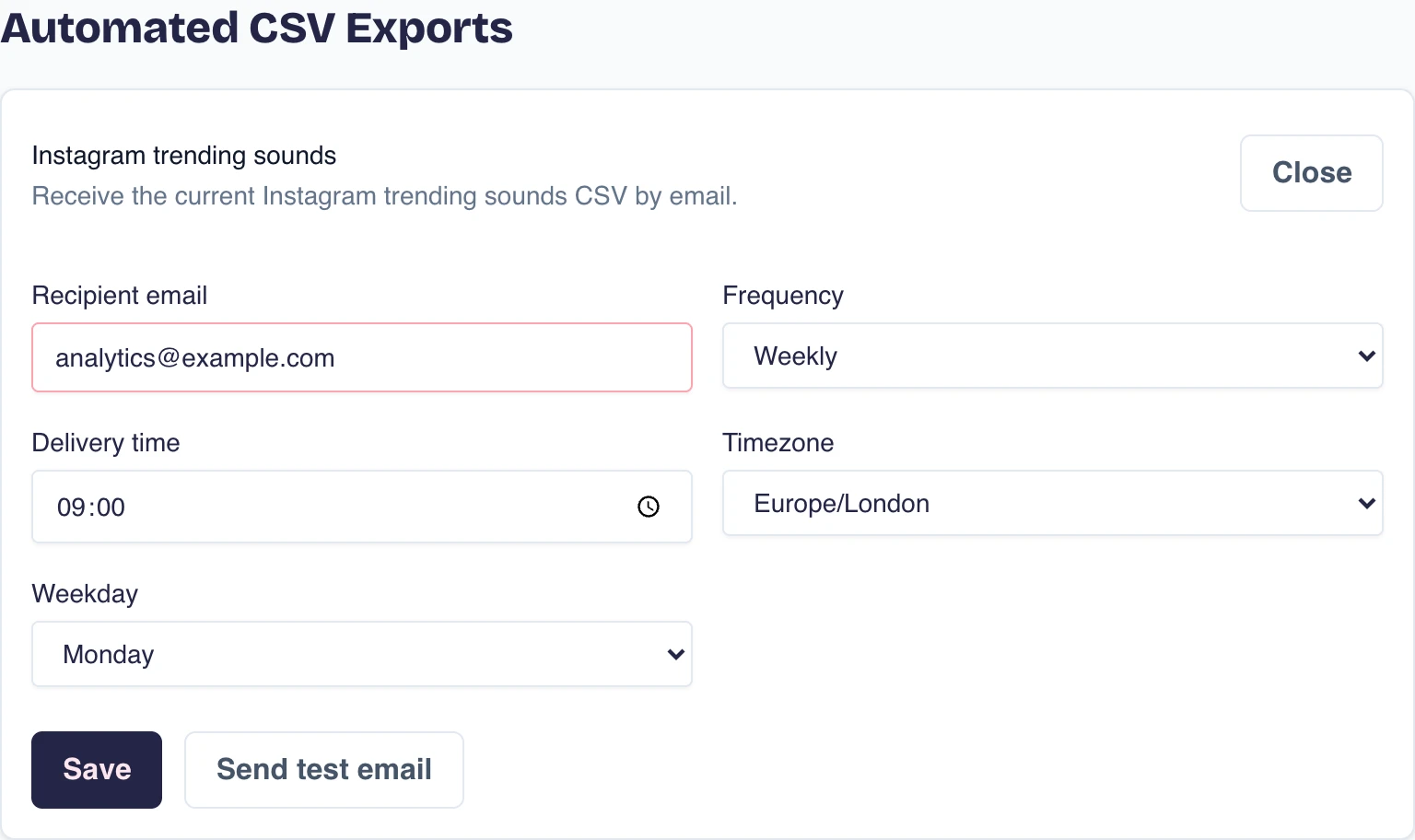 Tokchart automated CSV export settings with schedule, market, and recipient controls