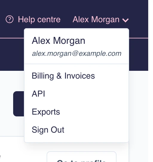 Tokchart account menu with billing, API, export, and sign-out links
