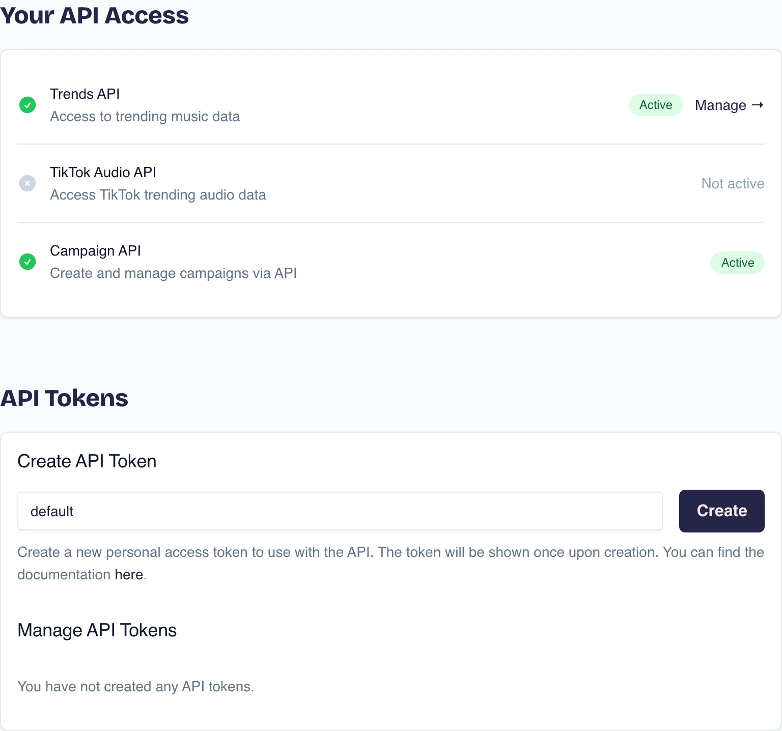 Tokchart API Access page showing available APIs and the API Tokens section